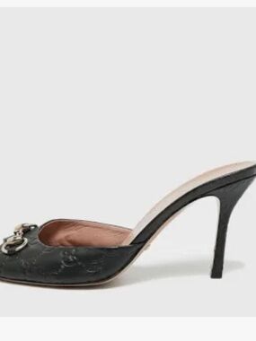 Gucci Black Leather Horsebit Open-Toe Slide Mules